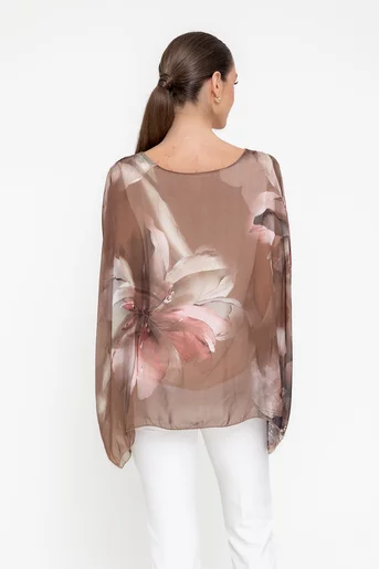Bluză mătase în colturi imprimeu floral mocha BGI0503