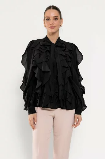 Cămașă cu volane ample neagră BLAM0802