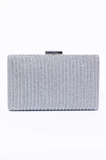 Clutch decorat cu lanț si strasuri argintiu PIT0310