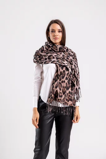 Eșarfă cu franjuri și fir lucios imprimeu leopard bej EGK1113