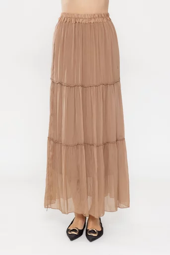 Fustă maxi din mătase naturală mocha FLA0502