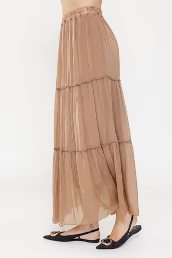 Fustă maxi din mătase naturală mocha FLA0502