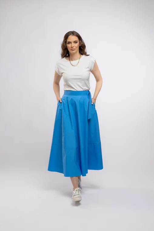 Fustă midi în cloș Caramel din poplin albastru F3406 picture - 3