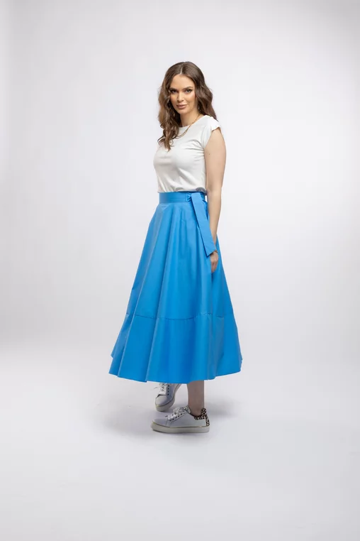 Fustă midi în cloș Caramel din poplin albastru F3406 picture - 1