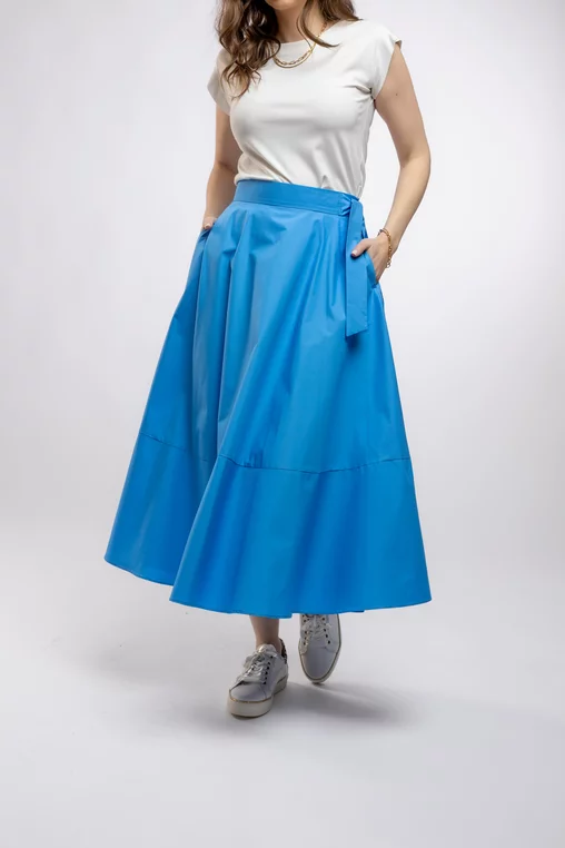 Fustă midi în cloș Caramel din poplin albastru F3406 picture - 7