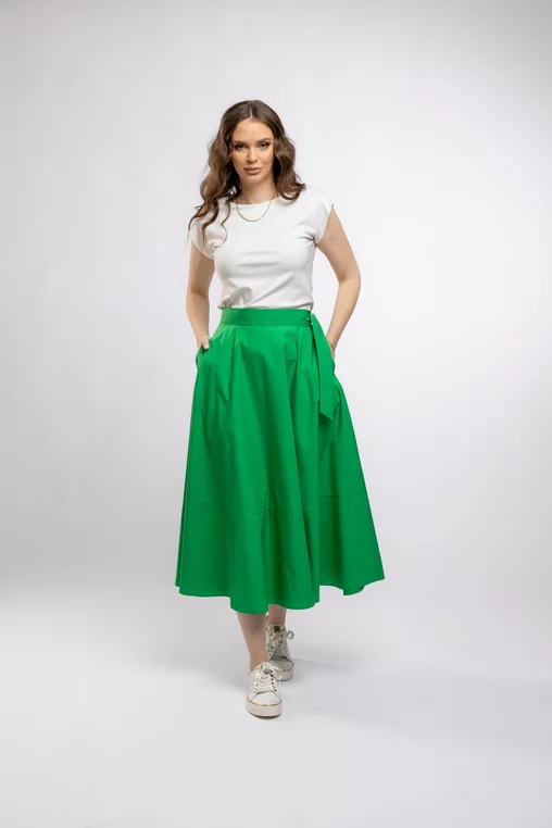 Fustă midi în cloș Caramel din poplin verde F3406 picture - 1