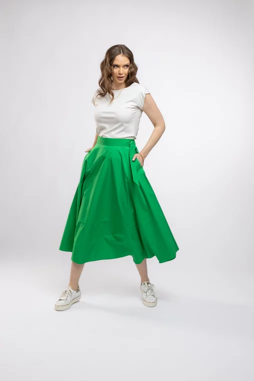Fustă midi în cloș Caramel din poplin verde F3406 picture - 6