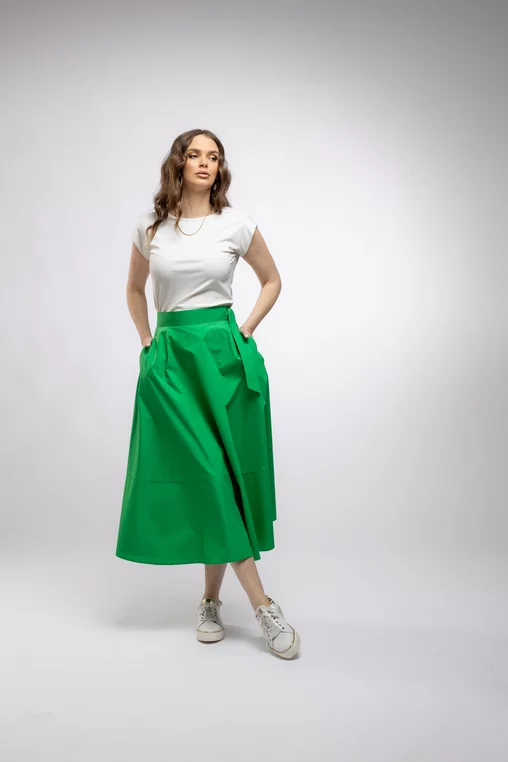 Fustă midi în cloș Caramel din poplin verde F3406 picture - 10