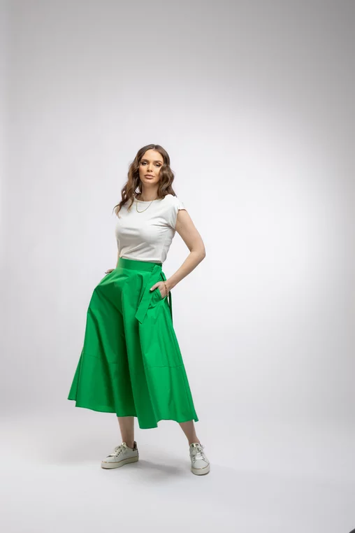 Fustă midi în cloș Caramel din poplin verde F3406 picture - 11