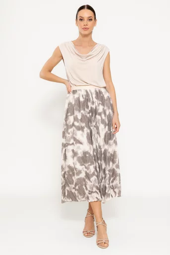 Fustă midi plisată imprimeu tie-dye taupe FLA0301