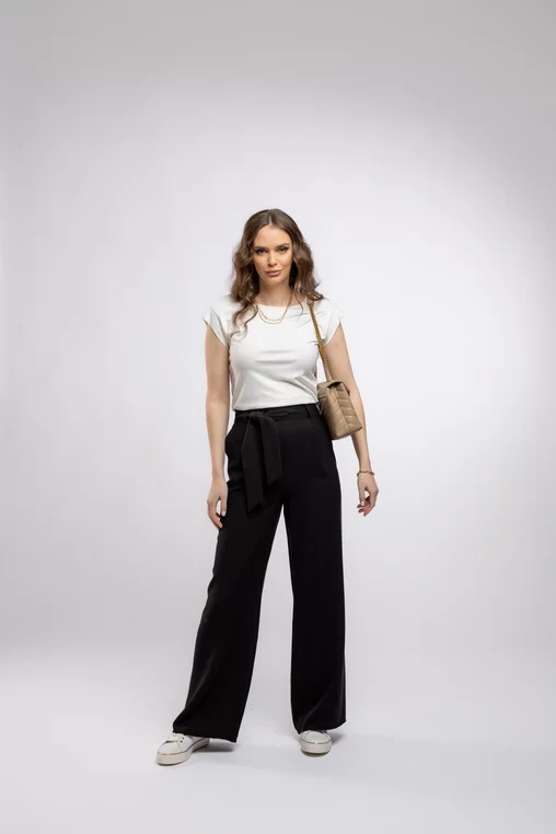Pantaloni Caramel casual din vâscoză cu cordon negru P2410 picture - 5