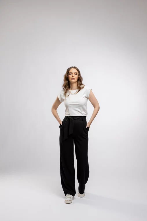 Pantaloni Caramel casual din vâscoză cu cordon negru P2410 picture - 3