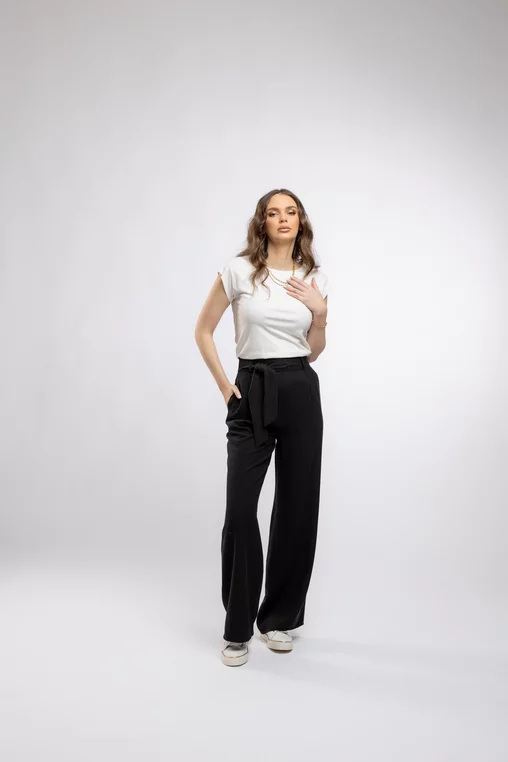 Pantaloni Caramel casual din vâscoză cu cordon negru P2410 picture - 6