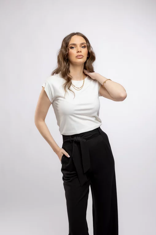 Pantaloni Caramel casual din vâscoză cu cordon negru P2410 picture - 4