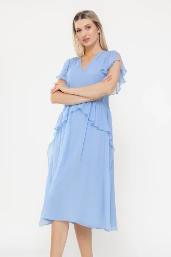 Rochie Caramel elegantă mătase naturală cu volan bleu  R8539