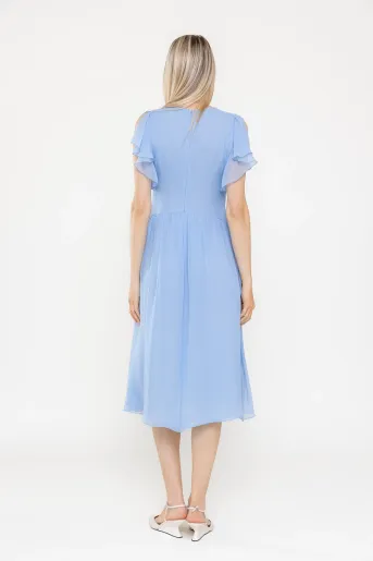 Rochie Caramel elegantă mătase naturală cu volan bleu  R8539
