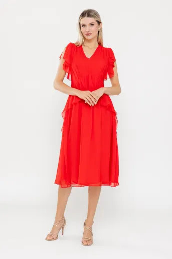 Rochie Caramel elegantă mătase naturală cu volan roșie R8539