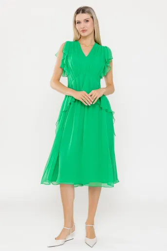Rochie Caramel elegantă mătase naturală cu volan verde  R8539
