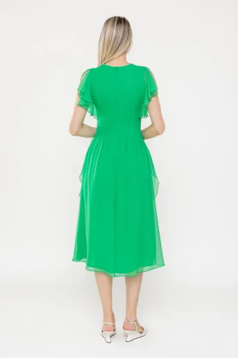 Rochie Caramel elegantă mătase naturală cu volan verde  R8539