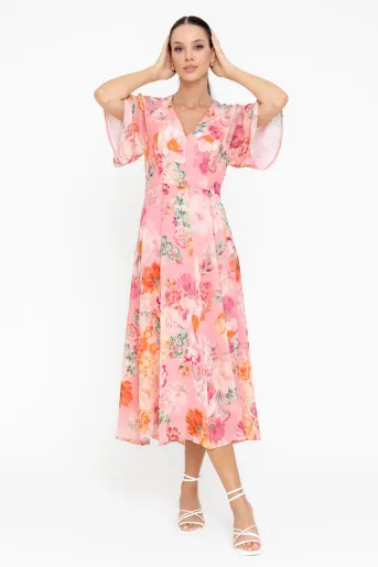Rochie midi din vâscoză decolteu în v roz R8547