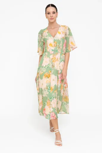 Rochie midi din vâscoză decolteu în v verde R8547