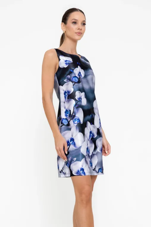 Rochie A line satinată impriemeu orhidee albastră R8555 thumbnail picture - 