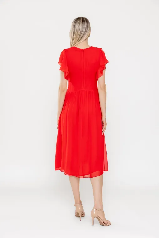 Rochie Caramel elegantă mătase naturală cu volan roșie R8539 thumbnail picture - 