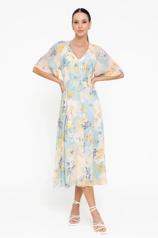 Rochie midi din vâscoză decolteu în v bleu R8547 thumbnail picture - 