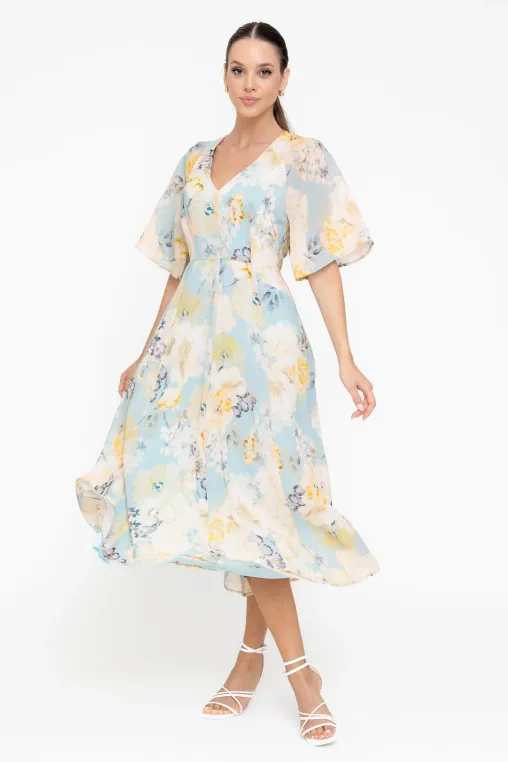 Rochie midi din vâscoză decolteu în v bleu R8547 thumbnail picture - 