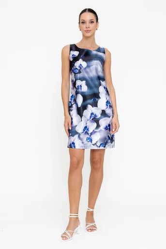 Rochie A line satinată impriemeu orhidee albastră R8555