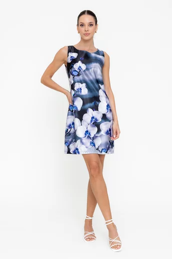 Rochie A line satinată impriemeu orhidee albastră R8555