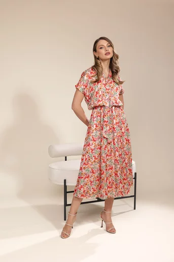 Rochie Caramel cu eșarfă imprimeu floral multicolor R8518
