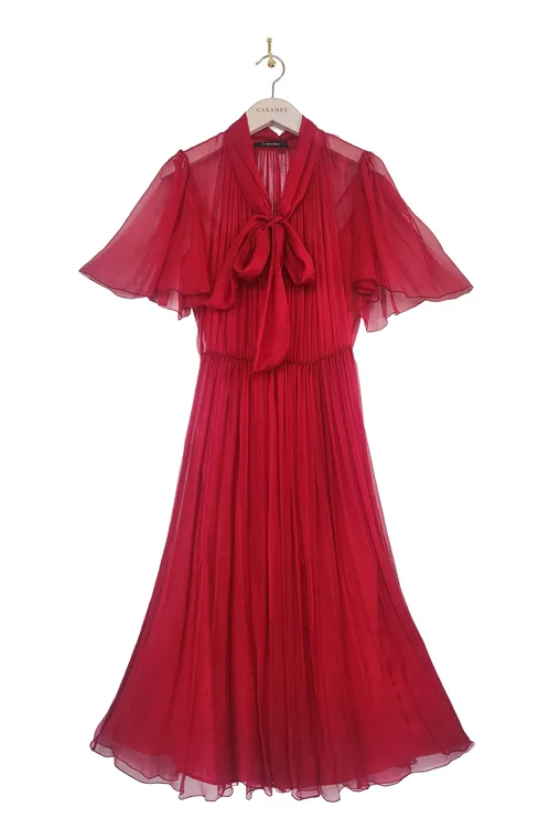 Rochie Caramel cu fundă  mătase naturală burgundy R8524 thumbnail picture - 