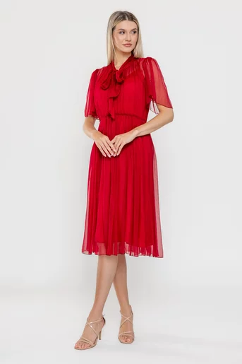 Rochie Caramel cu fundă  mătase naturală burgundy R8524