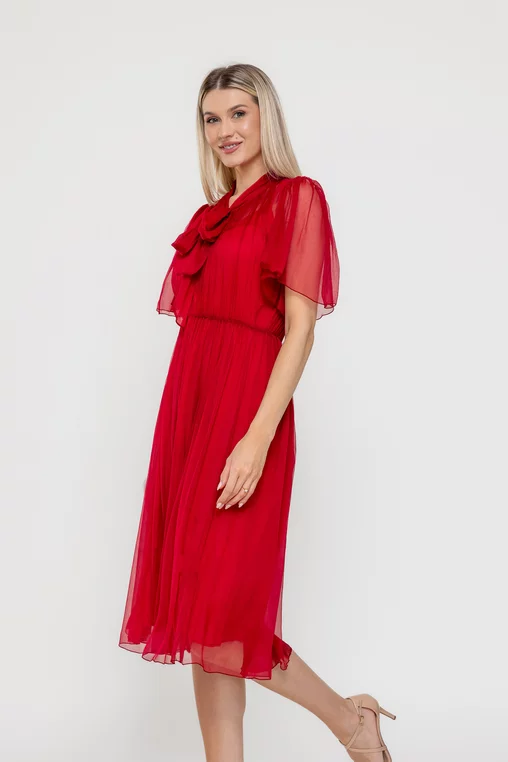 Rochie Caramel cu fundă  mătase naturală burgundy R8524 thumbnail picture - 
