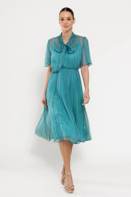 Rochie Caramel cu fundă  mătase naturală turcoaz R8524 picture - 5