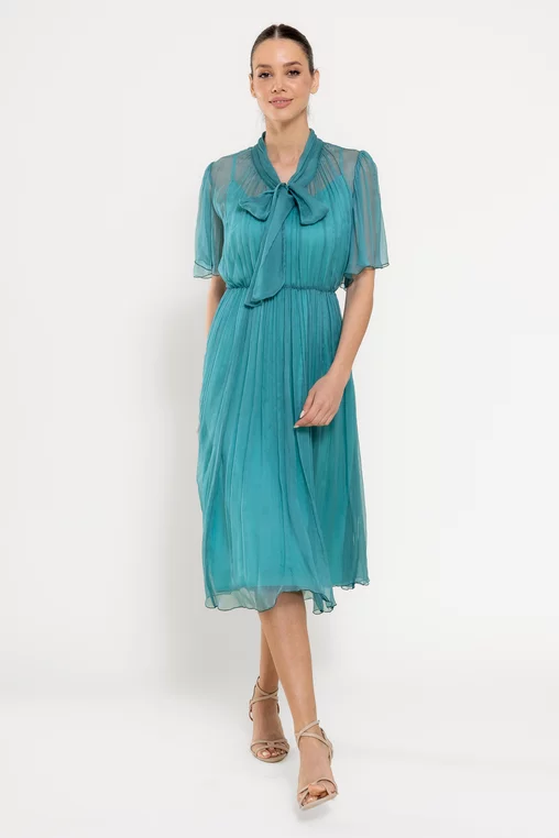 Rochie Caramel cu fundă  mătase naturală turcoaz R8524 picture - 6