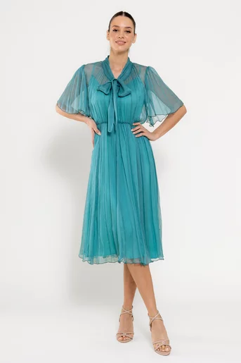Rochie Caramel cu fundă  mătase naturală turcoaz R8524