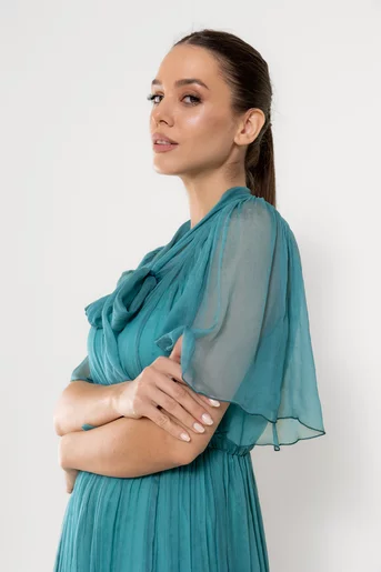 Rochie Caramel cu fundă  mătase naturală turcoaz R8524
