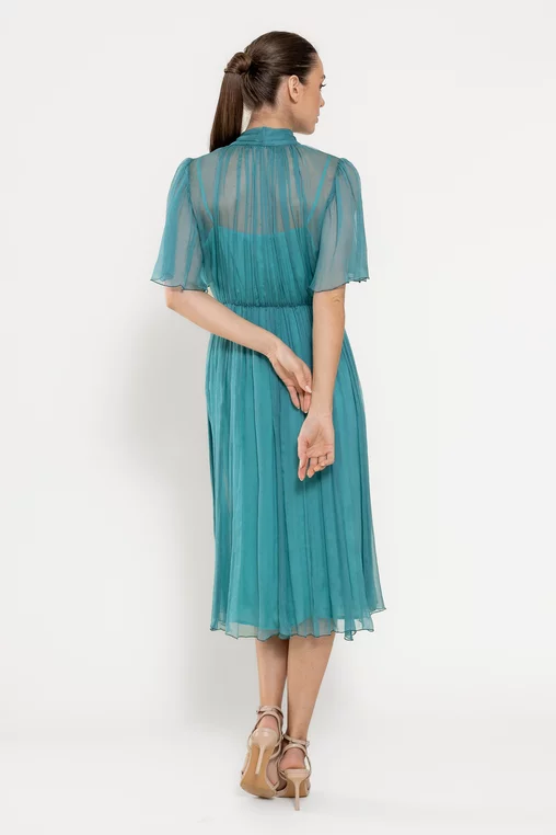 Rochie Caramel cu fundă  mătase naturală turcoaz R8524 picture - 8