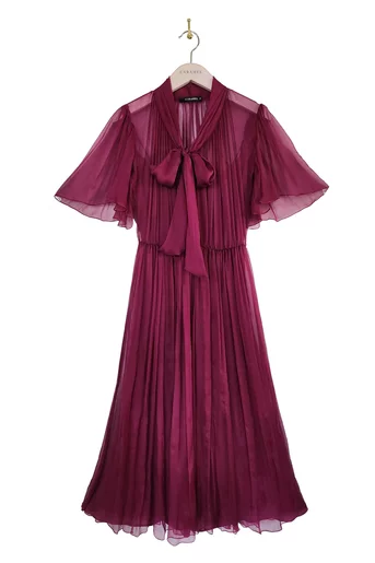 Rochie Caramel cu fundă  mătase naturală wine R8524