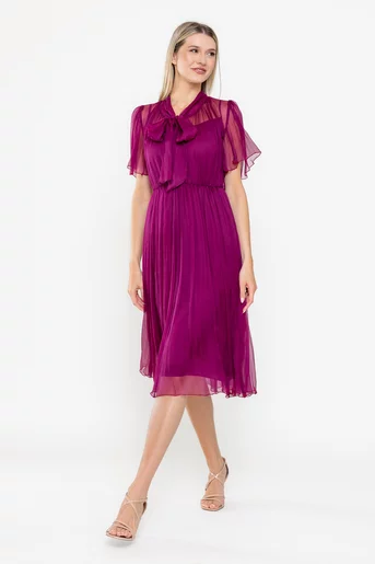 Rochie Caramel cu fundă  mătase naturală wine R8524