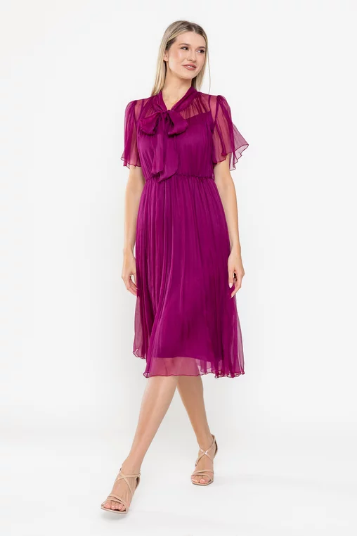 Rochie Caramel cu fundă mătase naturală wine R8524 picture - 1