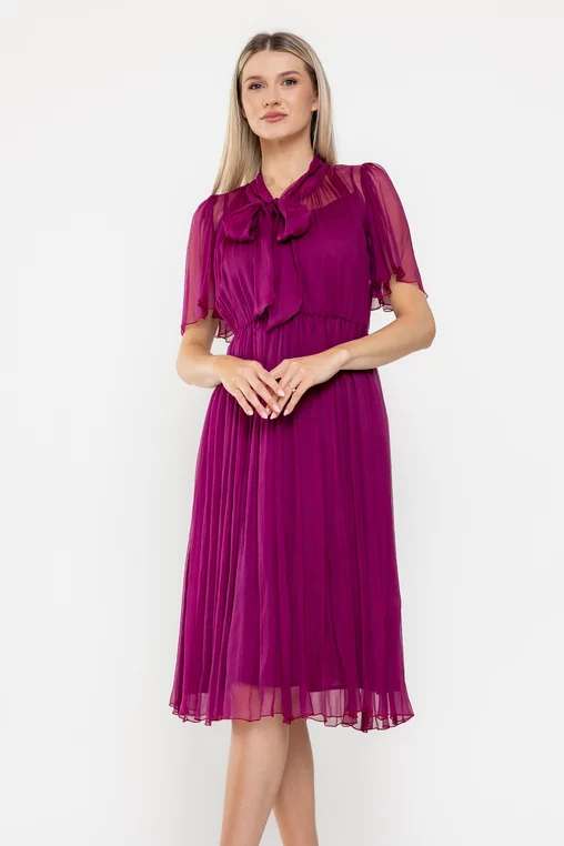 Rochie Caramel cu fundă mătase naturală wine R8524 picture - 4