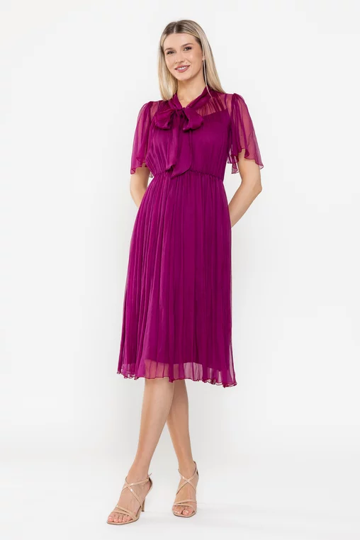 Rochie Caramel cu fundă mătase naturală wine R8524 picture - 5