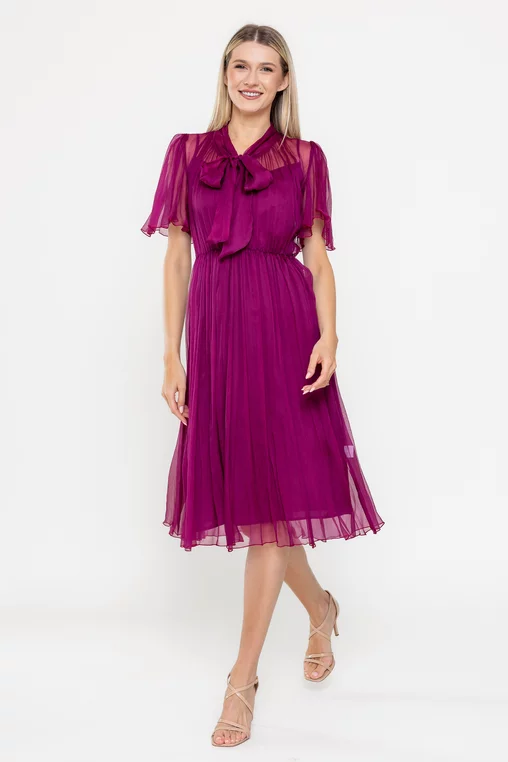Rochie Caramel cu fundă mătase naturală wine R8524 picture - 7