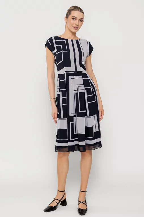 Rochie Caramel cu umăr căzut alb-negru R8513 picture - 5