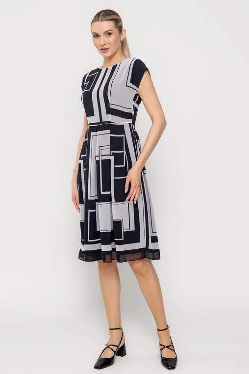 Rochie Caramel cu umăr căzut alb-negru R8513 picture - 6