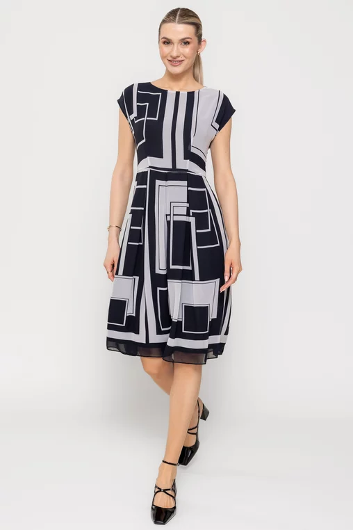 Rochie Caramel cu umăr căzut alb-negru R8513 picture - 7