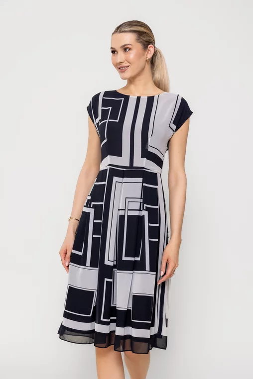 Rochie Caramel cu umăr căzut alb-negru R8513 picture - 8